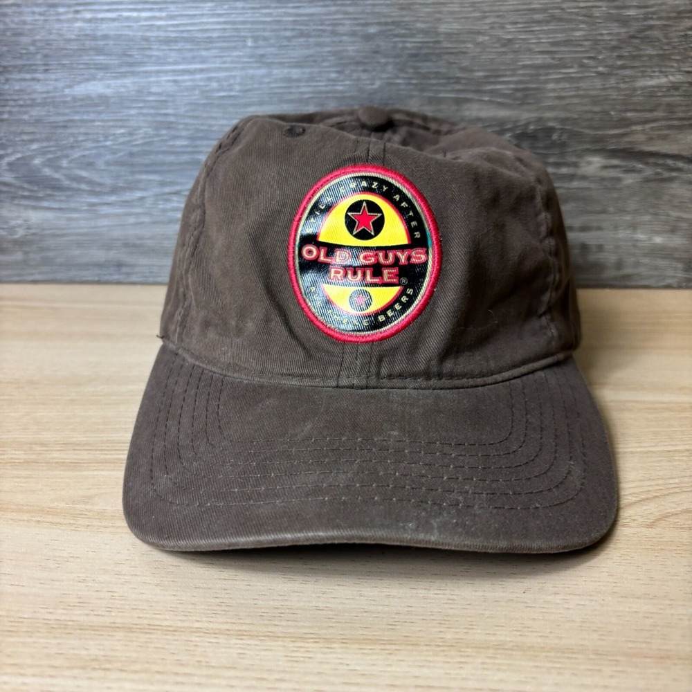 Vintage Old Guys Rule Hat Cap Strap Back Brown Beer Adjustable